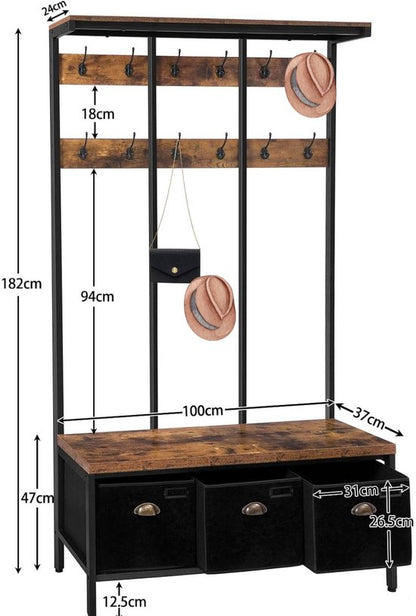 Signature Home XXL garderobe – kapstok – kapstok met schoenenrek – kledingrek met 24 haken – zitbank met 3 opbergboxen – bruin/zwart – 100 × 37 × 182 cm