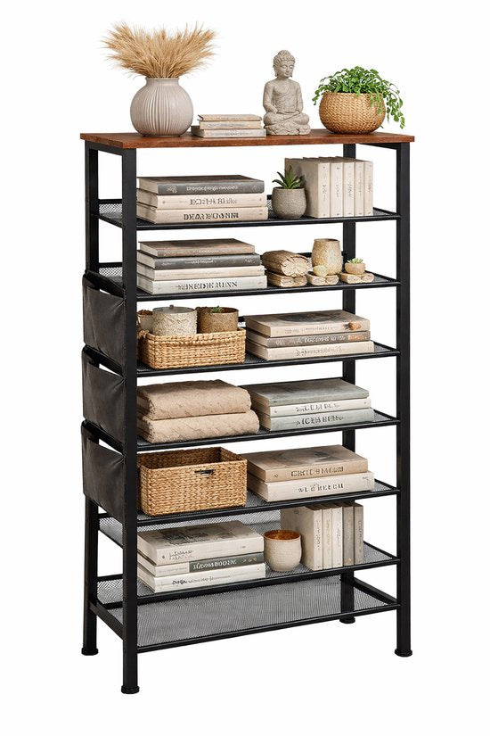 Signature Home Schoenenrek 8 Lagen - Industrieel Schoenenkast - Open Schoenenkast verstelbaar - Extra Opbergen van Schoenen - Hout & Metaal - voor 24-32 paar schoenen - Bruin Zwart - 75 x 30 x 137 cm