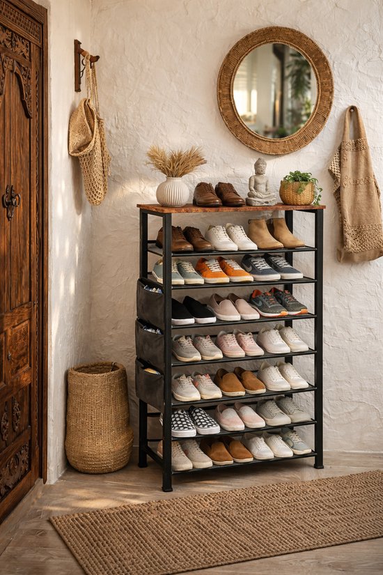 Signature Home Schoenenrek 8 Lagen - Industrieel Schoenenkast - Open Schoenenkast verstelbaar - Extra Opbergen van Schoenen - Hout & Metaal - voor 24-32 paar schoenen - Bruin Zwart - 75 x 30 x 137 cm