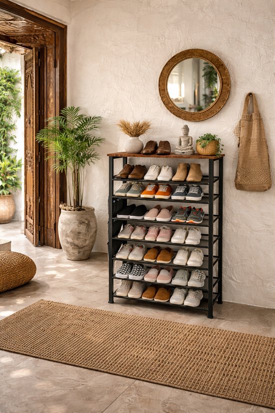 Signature Home Schoenenrek 8 Lagen - Industrieel Schoenenkast - Open Schoenenkast verstelbaar - Extra Opbergen van Schoenen - Hout & Metaal - voor 24-32 paar schoenen - Bruin Zwart - 75 x 30 x 137 cm