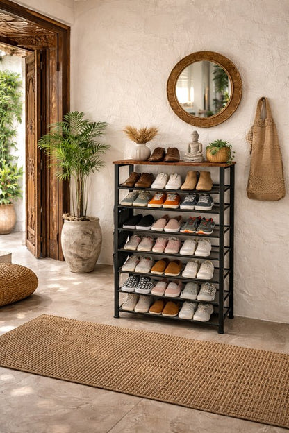 Signature Home Schoenenrek 8 Lagen - Industrieel Schoenenkast - Open Schoenenkast verstelbaar - Extra Opbergen van Schoenen - Hout & Metaal - voor 24-32 paar schoenen - Bruin Zwart - 75 x 30 x 137 cm