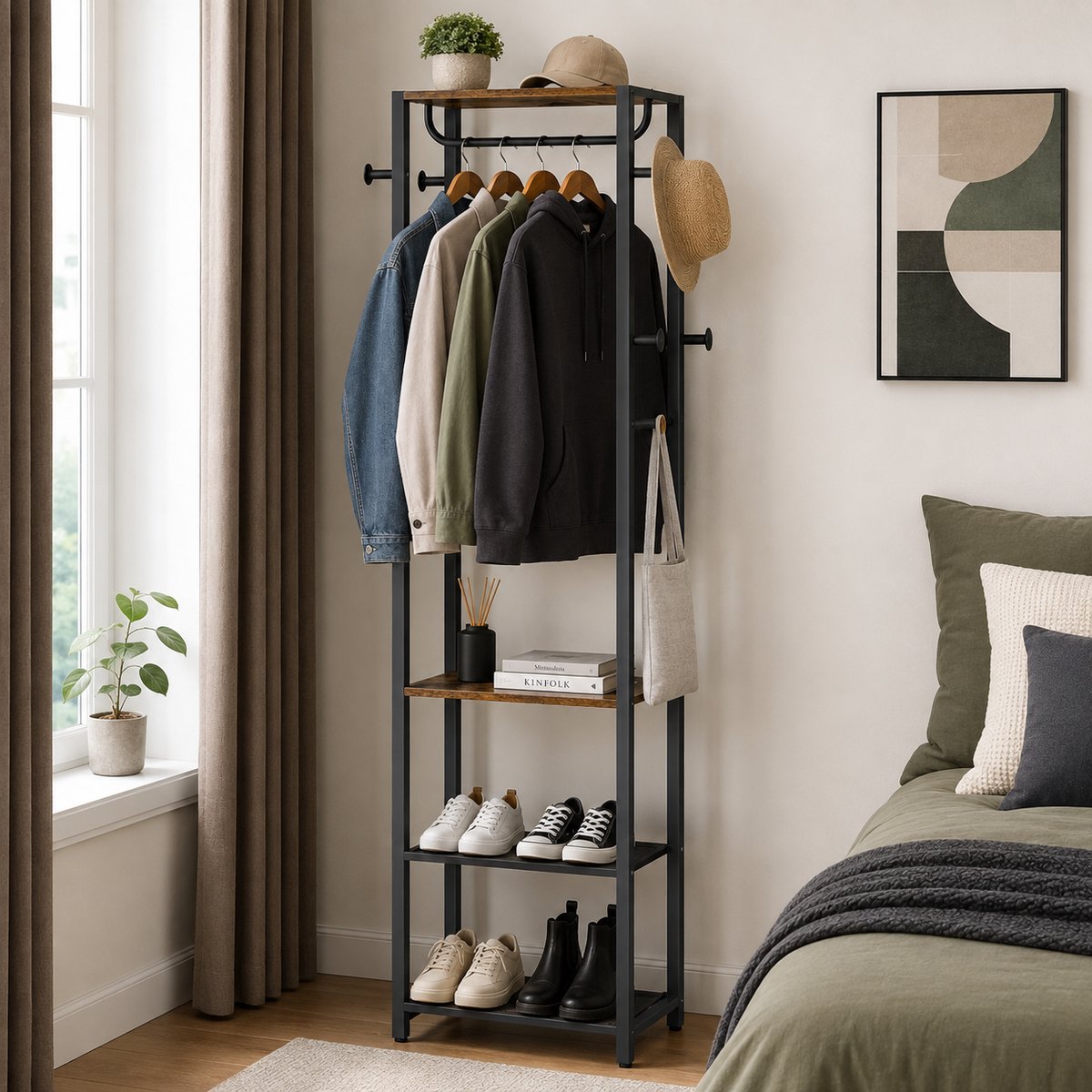 Signature Home Kapstok met Schoenenrek – 6-in-1 Garderoberek met Kledingroede, Haken, Schoenenbank & Opbergrekken – Vintage Bruin/Zwart - 30 x 40 x 180 cm