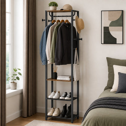 Signature Home Kapstok met Schoenenrek – 6-in-1 Garderoberek met Kledingroede, Haken, Schoenenbank & Opbergrekken – Vintage Bruin/Zwart - 30 x 40 x 180 cm