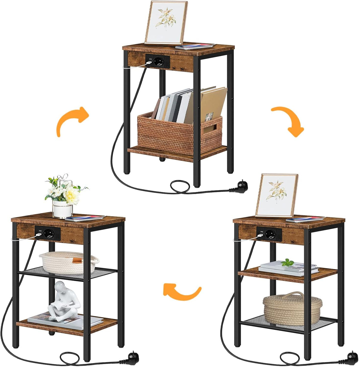 Signature Home Bijzettafel met Stopcontact en 2 USB-poorten – Smalle Bijzettafel met 3 Opbergplanken – Nachtkastje met Oplaadstation – Kleine Salontafel en Banktafel voor Woonkamer en Slaapkamer – 38 x 28 x 55 cm – Vintage Bruin