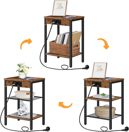 Signature Home Bijzettafel met Stopcontact en 2 USB-poorten – Smalle Bijzettafel met 3 Opbergplanken – Nachtkastje met Oplaadstation – Kleine Salontafel en Banktafel voor Woonkamer en Slaapkamer – 38 x 28 x 55 cm – Vintage Bruin