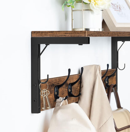 Signature Home Wandkapstok met 7 Haken en Opbergplank – Industriële Kapstok Wandmontage – Kapstok met Wandrek en Legplank – Ruimtebesparende Garderobe voor Hal, Entree, Woonkamer en Keuken – Donkerbruin/Zwart