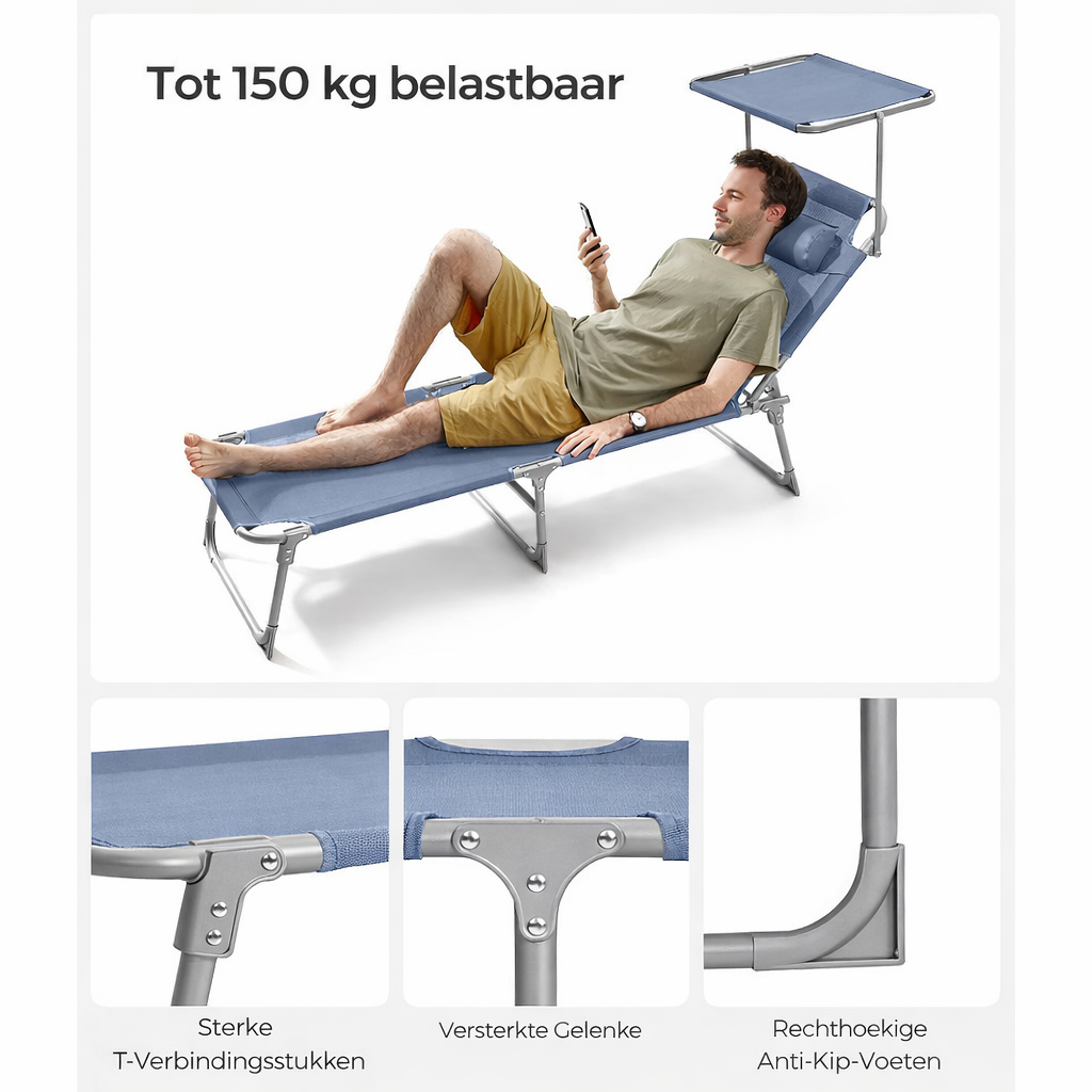 Signature Home Opvouwbare Ligstoel met Zonnedak – Blauwe Zonneligbed, Verstelbaar & Comfortabel, Ideaal voor Tuin, Strand en Camping