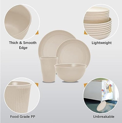 Signature Home 24 stuks onbreekbare serviesset, herbruikbaar, campingserviesset voor 6 personen, plastic servies, picknick, lichte kunststof serveerborden, kommen, bestekset Beige