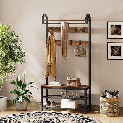 Signature Home Kapstok met Schoenenrek en Zitbank – Garderoberek met 9 Haken en Kledingstang – Staande Kapstok met Schoenenbank – Metalen Frame – 182 cm Hoog – Voor Hal, Gang en Slaapkamer – Vintage Bruin/Zwart