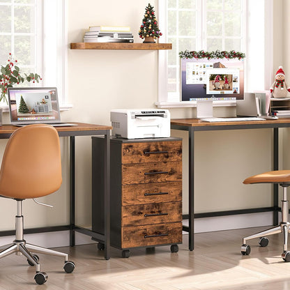 Signature Home Archiefkast met 5 Laden – Verrijdbare Rolcontainer – Houten Ladekast voor Kantoor – Opbergkast met Metalen Frame – Industriële Stijl – Eenvoudige Montage – Vintage Donkerbruin/Zwart