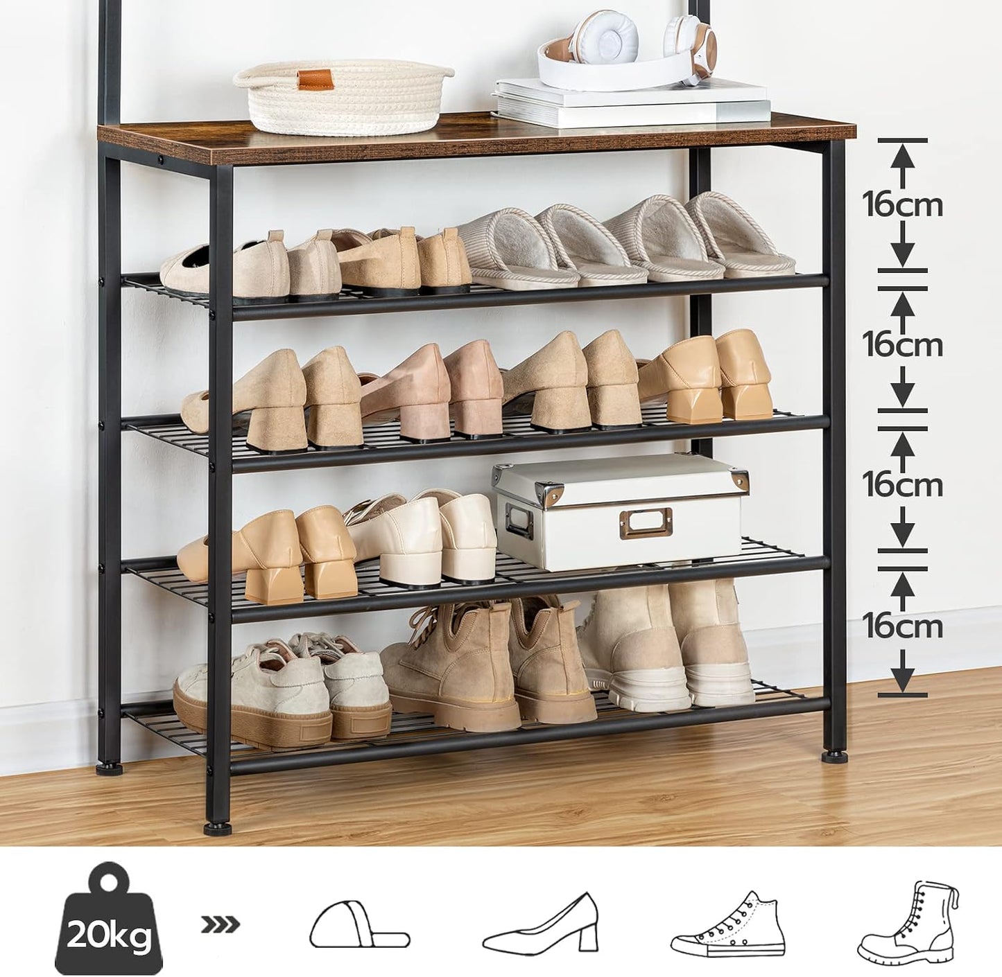 Signature Home Kapstok met Schoenenrek 5 Niveaus – Kledingrek met Garderobe, Vrijstaande Kapstok voor Hal, Entree en Gang, Industrieel Design, Donkerbruin/Zwart