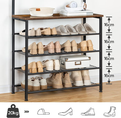 Signature Home Kapstok met Schoenenrek 5 Niveaus – Kledingrek met Garderobe, Vrijstaande Kapstok voor Hal, Entree en Gang, Industrieel Design, Donkerbruin/Zwart