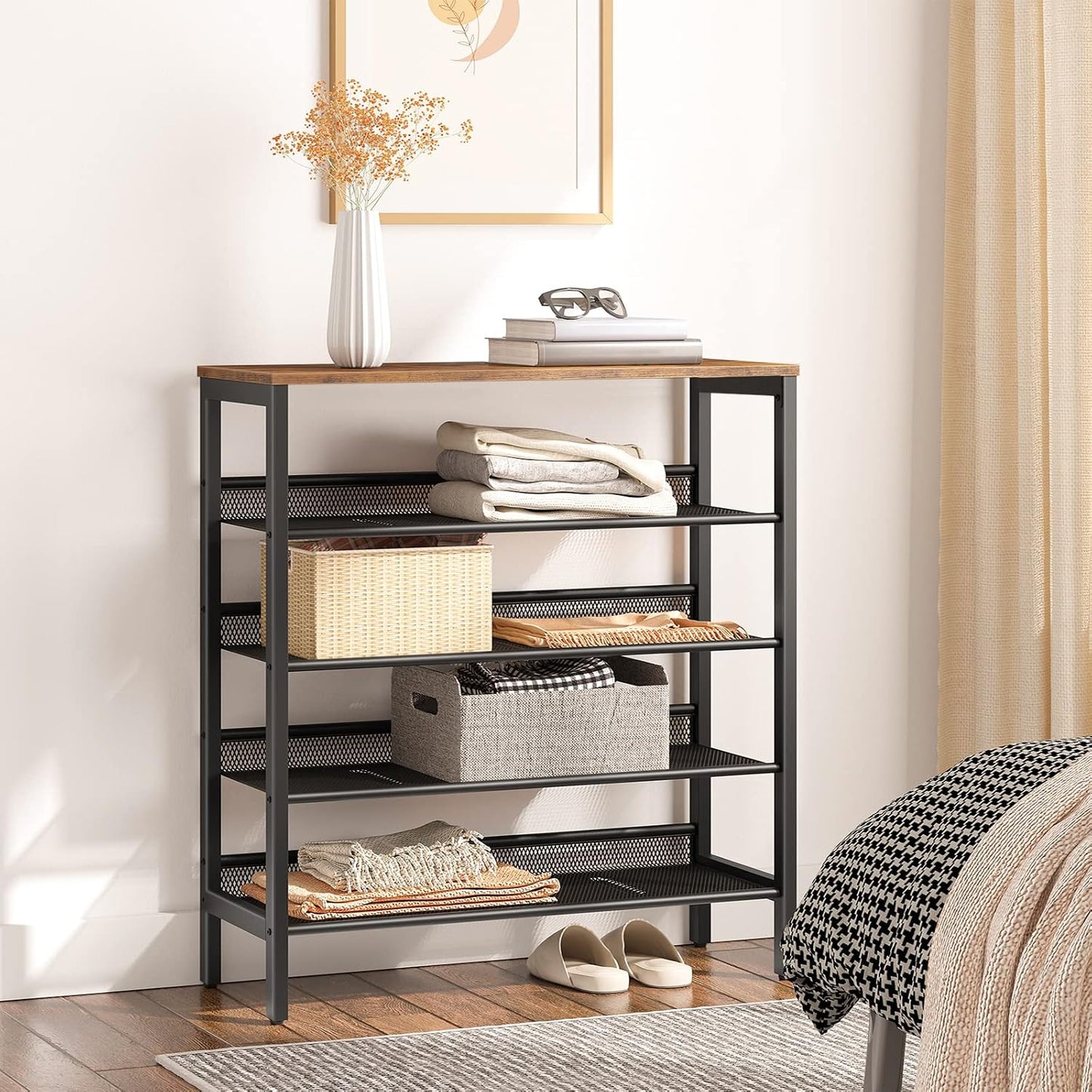 Signature Home Schoenenrek 5 Laags – Verstelbare Schoenenbank met Vlakke en Kantelbare Planken – Stevig Metalen Schoenenrek – Industrieel Schoenenrek voor Hal, Entree, Gang en Slaapkamer