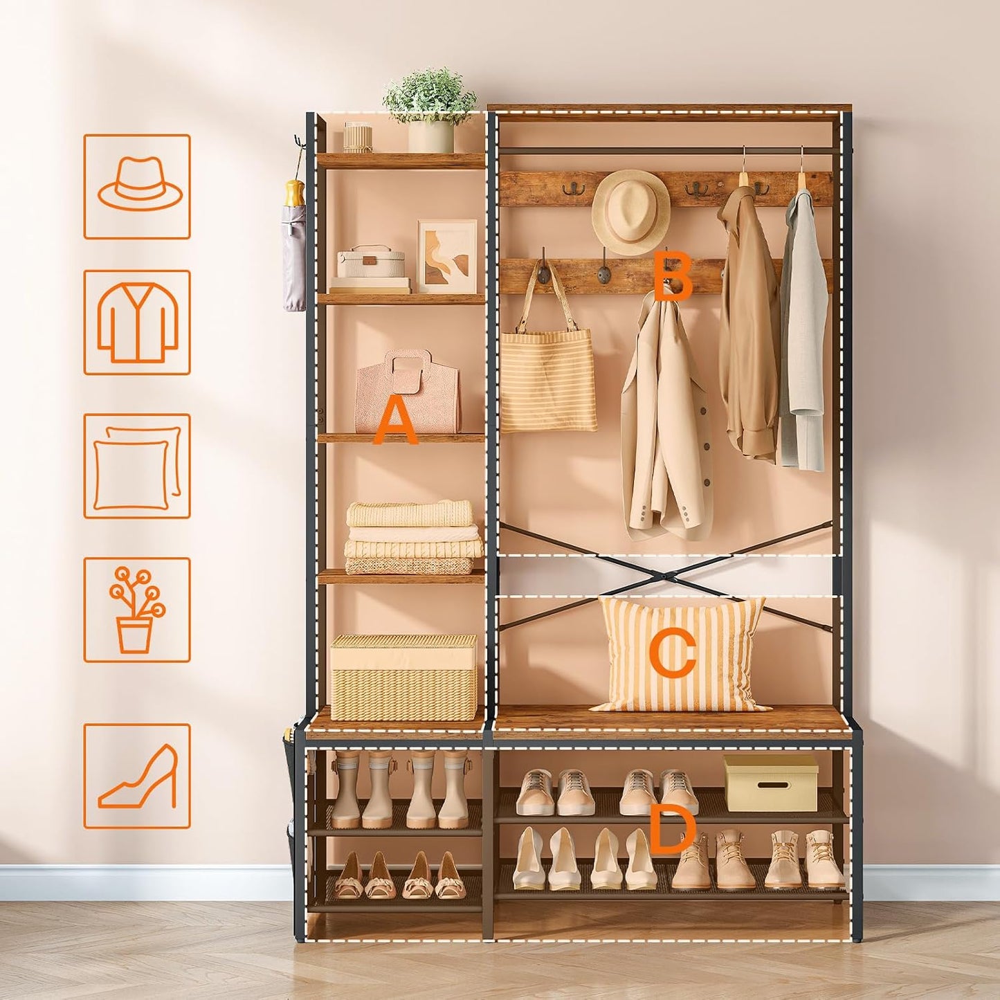 Signature Home Kapstok met schoenenrek en zitbank, 9 dubbele haken, 2 zijhaken, 5 planken en zijvak, voor hal, slaapkamer, woonkamer, zwart en vintage bruin