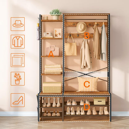 Signature Home Kapstok met schoenenrek en zitbank, 9 dubbele haken, 2 zijhaken, 5 planken en zijvak, voor hal, slaapkamer, woonkamer, zwart en vintage bruin