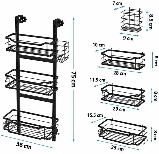Signature Home Hangend Doucherek Zonder Boren - Verstelbaar Doucherek 3 Laags - Shampoohouder voor Douche - Badkamerrek voor Glazen Douchewand - RVS - Zwart