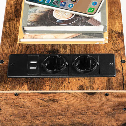 Signature Home Bijzettafel met Oplaadstation – Smalle Banktafel met 2 Laden, USB-Poort & Stopcontact – Nachtkastje voor Kleine Ruimtes – Stevig en Stabiel – Woonkamer & Slaapkamer – Donkerbruin