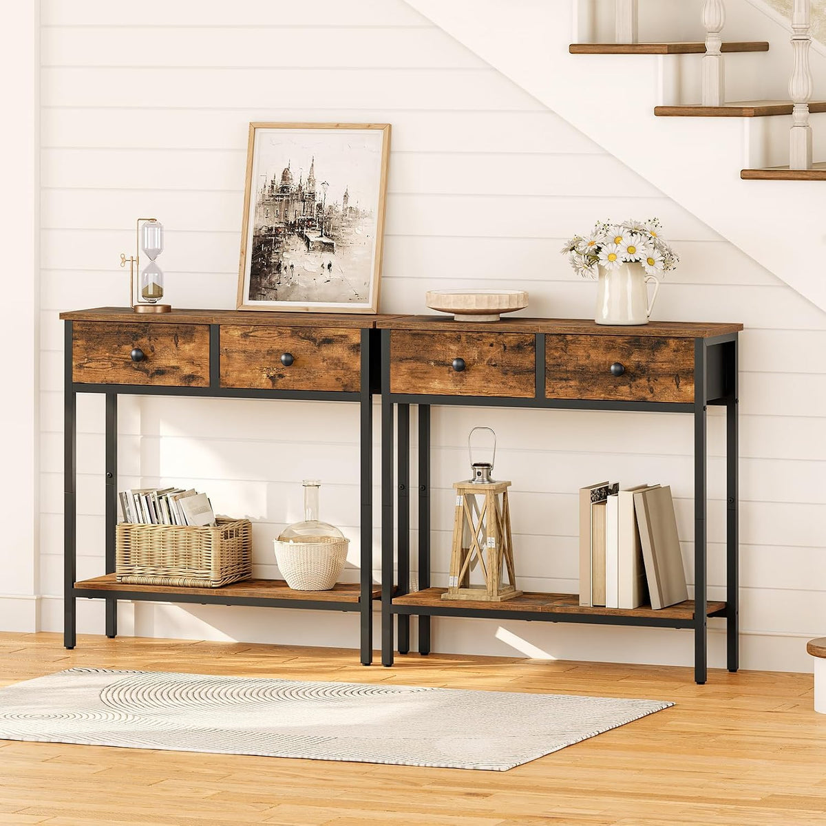 Signature Home Sidetable met 2 Stoffen Lades – Smalle Consoletafel 75 cm – Industriële Haltafel en Wandtafel – Opbergtafel voor Hal, Entree, Woonkamer en Slaapkamer – Vintage Bruin/Zwart