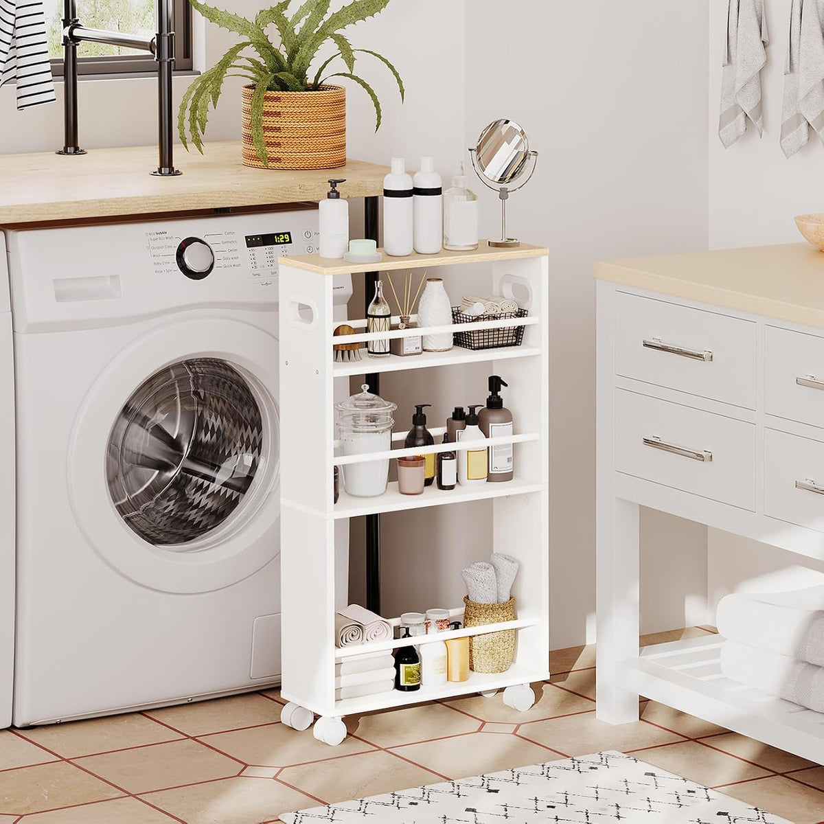 Signature Home Smalle Opbergwagen op Wielen – Uitschuifbare Keukentrolley met Handgreep – Ruimtebesparende Verrijdbare Opbergkar – Multifunctionele Rolwagen voor Kleine Ruimtes, Keuken, Badkamer, Woonkamer en Slaapkamer – Wit