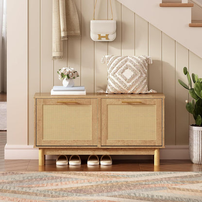 Signature Home Schoenenbank met Opbergruimte – Schoenenkast met 2 Kantelbare Lades en Verstelbare Planken – Schoenenopberger met Decoratieve Rotan Fronten en Metalen Handgrepen – Opbergbank voor Hal, Entree