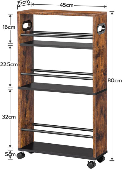 Signature Home Smalle Keukentrolley 4-Laags – Verrijdbare Serveerwagen 45 x 15 x 80 cm – Keukenrek met 360° Draaibare Wielen en Opstaande Randen – Opbergtrolley voor Keuken, Badkamer & Woonkamer – Donkerbruin