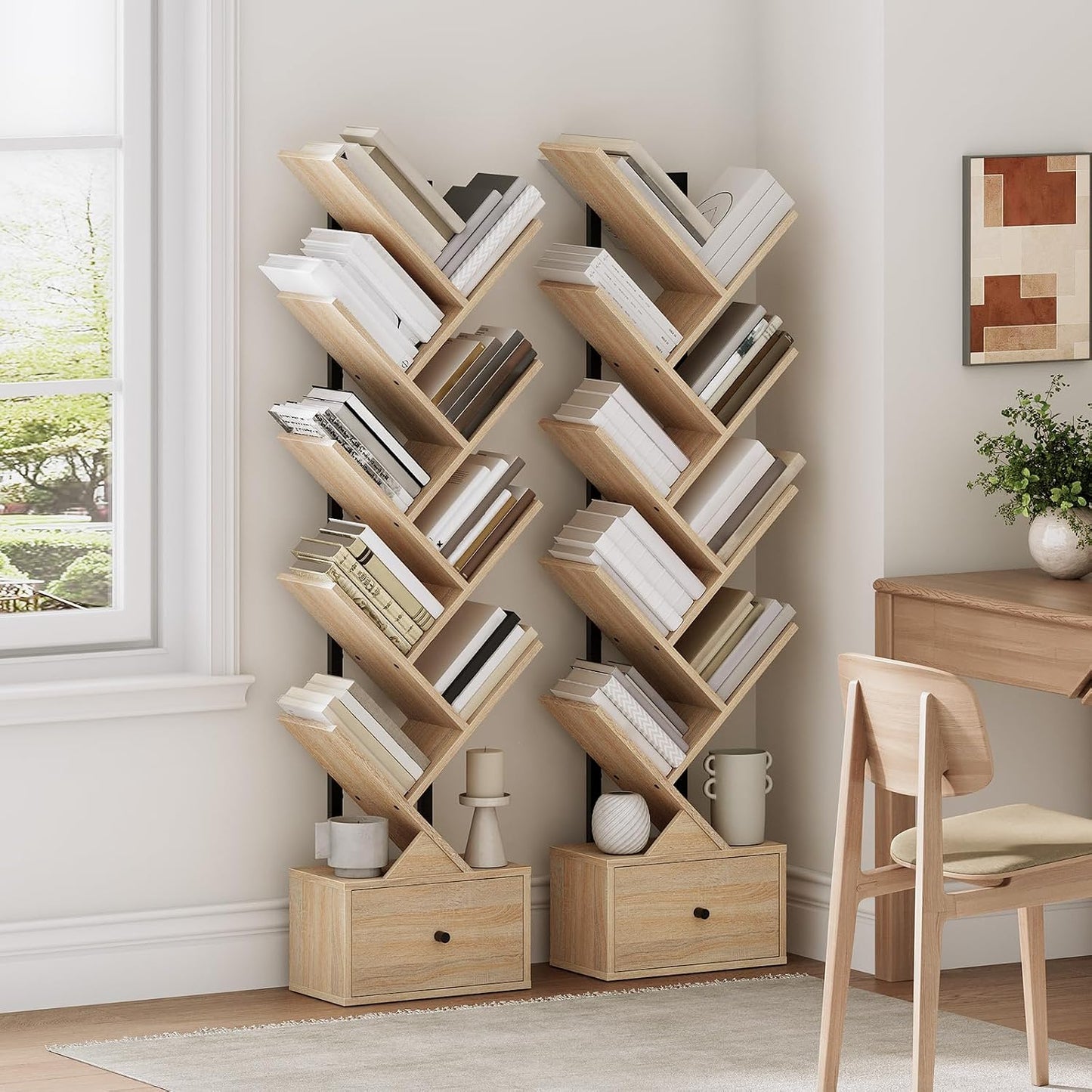 Signature Home 9-Laags Boekenkast met Lade – Vrijstaande Boomvormige Boekenkast, DVD- en Opbergrek voor Woonkamer, Slaapkamer en Kantoor – Naturel Hout & Zwart**