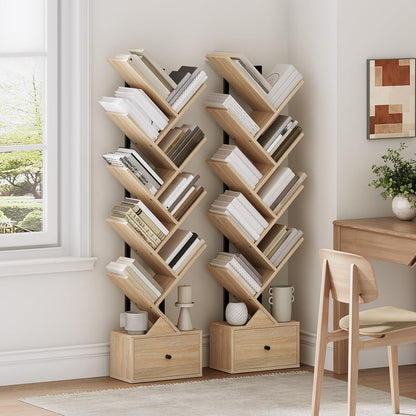 Signature Home 9-Laags Boekenkast met Lade – Vrijstaande Boomvormige Boekenkast, DVD- en Opbergrek voor Woonkamer, Slaapkamer en Kantoor – Naturel Hout & Zwart**