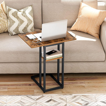 Signature Home C-Vormige Bijzettafel – Opvouwbare Sofa Tafel met Opbergplank – Smalle Salontafel & Snacktafel – Bedtafel voor Woonkamer en Slaapkamer – Ruimtebesparend Design
