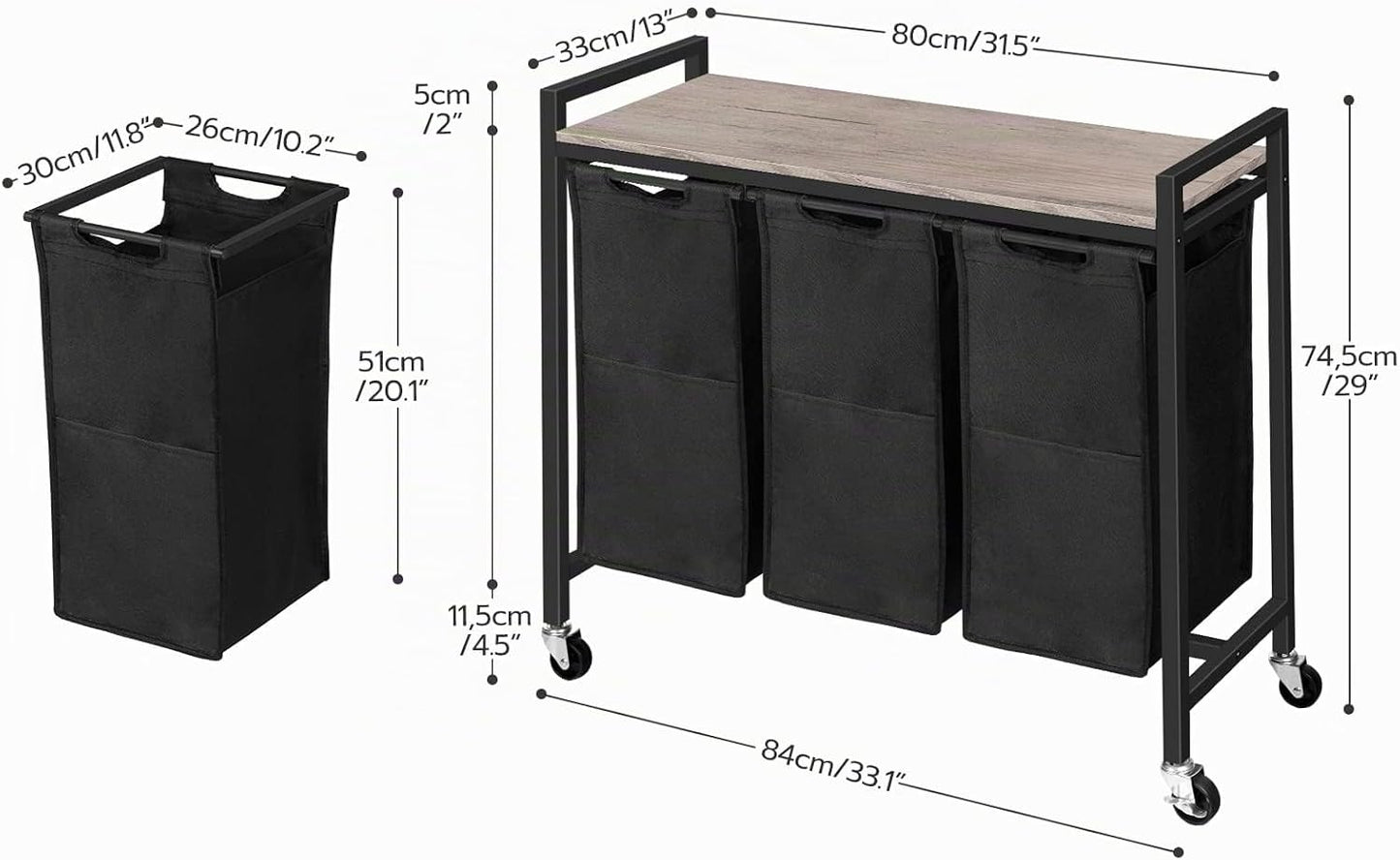 Signature Home Wasmand met 3 Vakken en Opbergplank – Verrijdbare Wasmand met Wielen – 3 x 39,8 L Wasgoedmand – Uitneembare Oxford Stoffen Waszakken – Wassorteerder voor Badkamer en Wasruimte – Greige/Zwart
