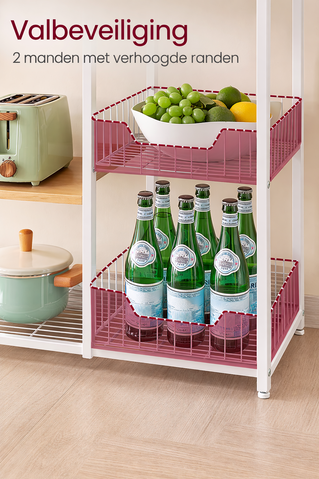 Signature Home Keukenrek met 2 Metalen Mandjes – Opbergrek Licht Walnootbruin & Wit|Keukenkast Organizer