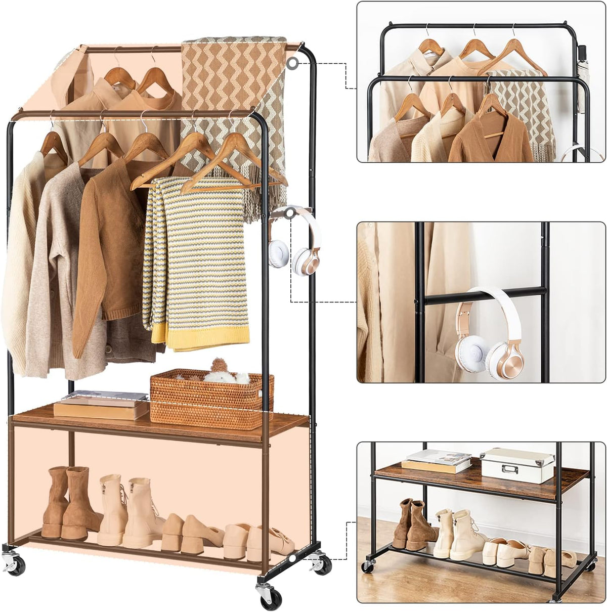 Signature Home Kledingrek op Wielen – Verrijdbaar Garderoberek met 2 Kledingstangen en Opbergplank – Zwaar Belastbaar Kledingrek tot 100 kg – Industrieel Kapstokrek voor Slaapkamer, Hal en Garderobe – Donker
