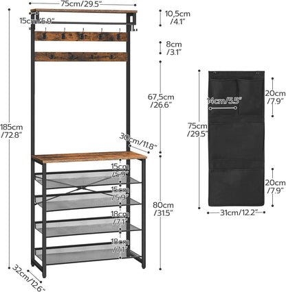 Signature Home Kapstok met Schoenenrek – 5-Laags Schoenenrek met Verstelbare Metalen Roosterplanken – Industriële Garderobe met Schoenenopslag – Stevig en Ruimtebesparend Opbergrek voor Hal, Entree en Slaapkamer – Vintage Bruin