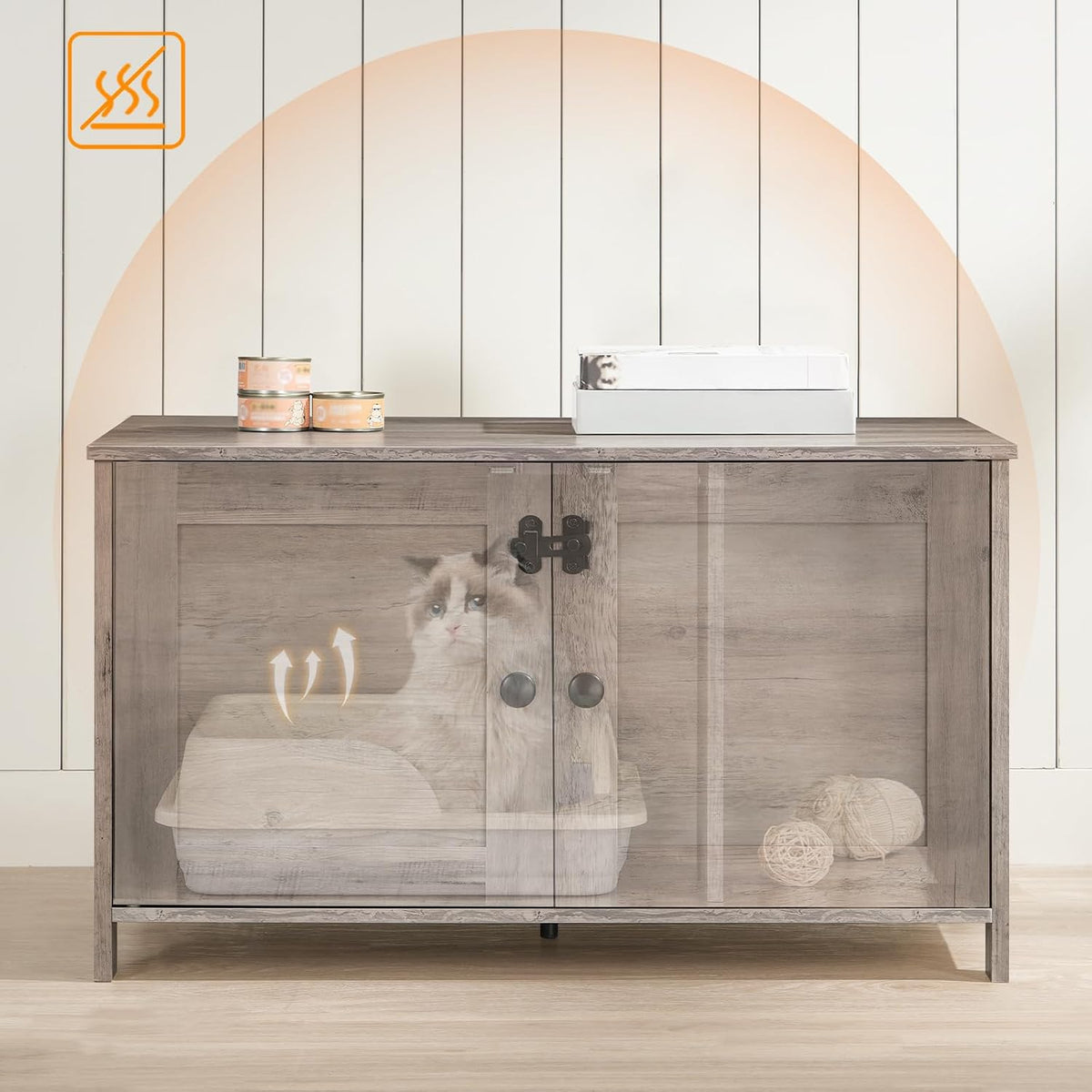 Signature Home Kattenbak Meubel met Deur en Scheidingswand – Kattenbak Kast & Kattenhuis – Stevige Kattenkast met Opbergruimte – Kattenbak Ombouw, Opbergbank & Nachtkastje – Greige