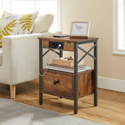 Signature Home Nachtkastje met Oplaadstation – Bijzettafel met Opklapbare Lade – USB-Poorten & Stopcontact – Bedkastje voor Slaapkamer – Industrieel Design – Vintage Bruin/Zwart