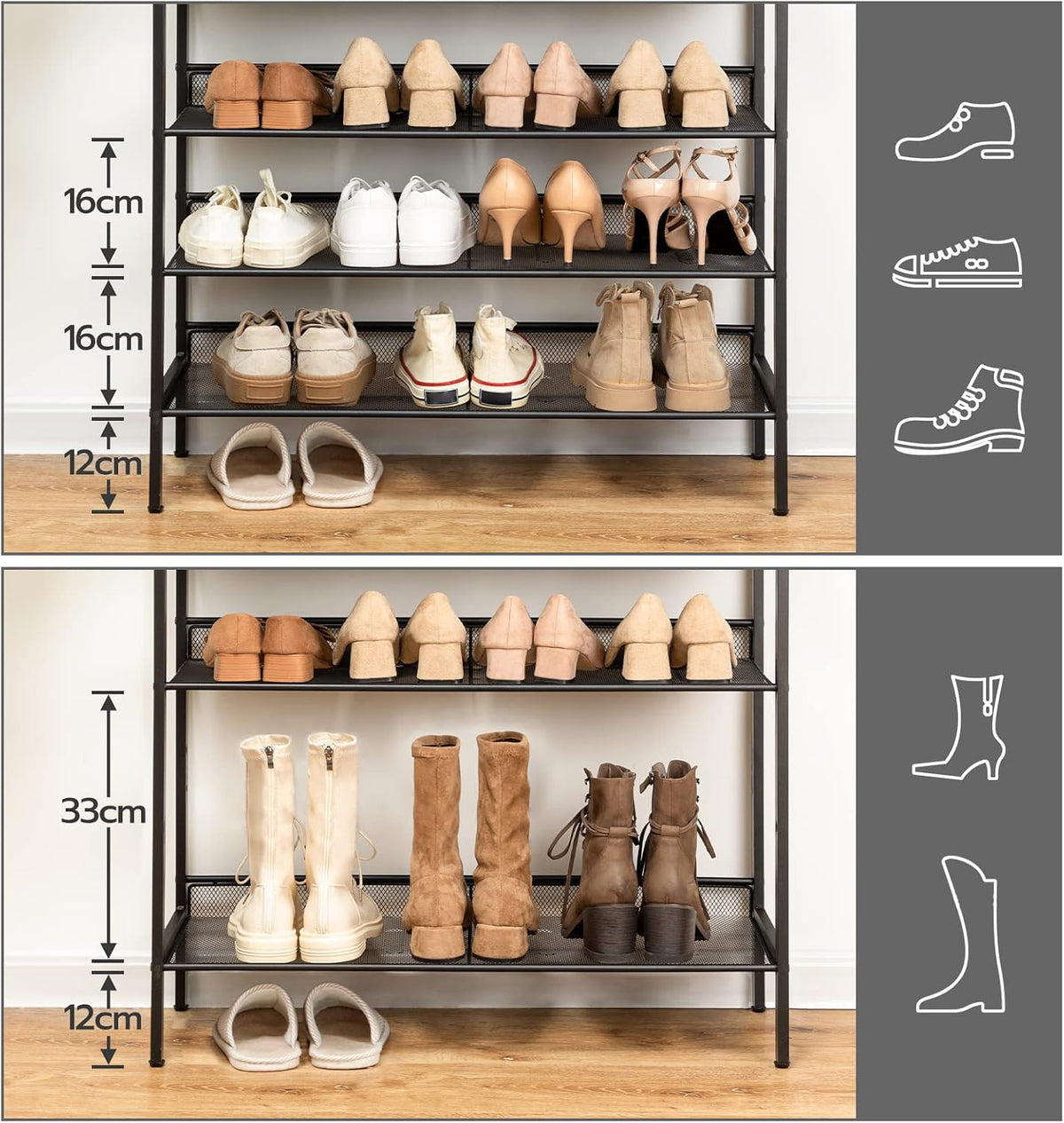 Signature Home 4-Laags Schoenenrek met 3 Verstelbare Roosterplanken – Plat of Schuin Plaatsbaar Schoenenrek – Stevig Industrieel Opbergrek voor Hal, Entree en Slaapkamer – Vintage Bruin