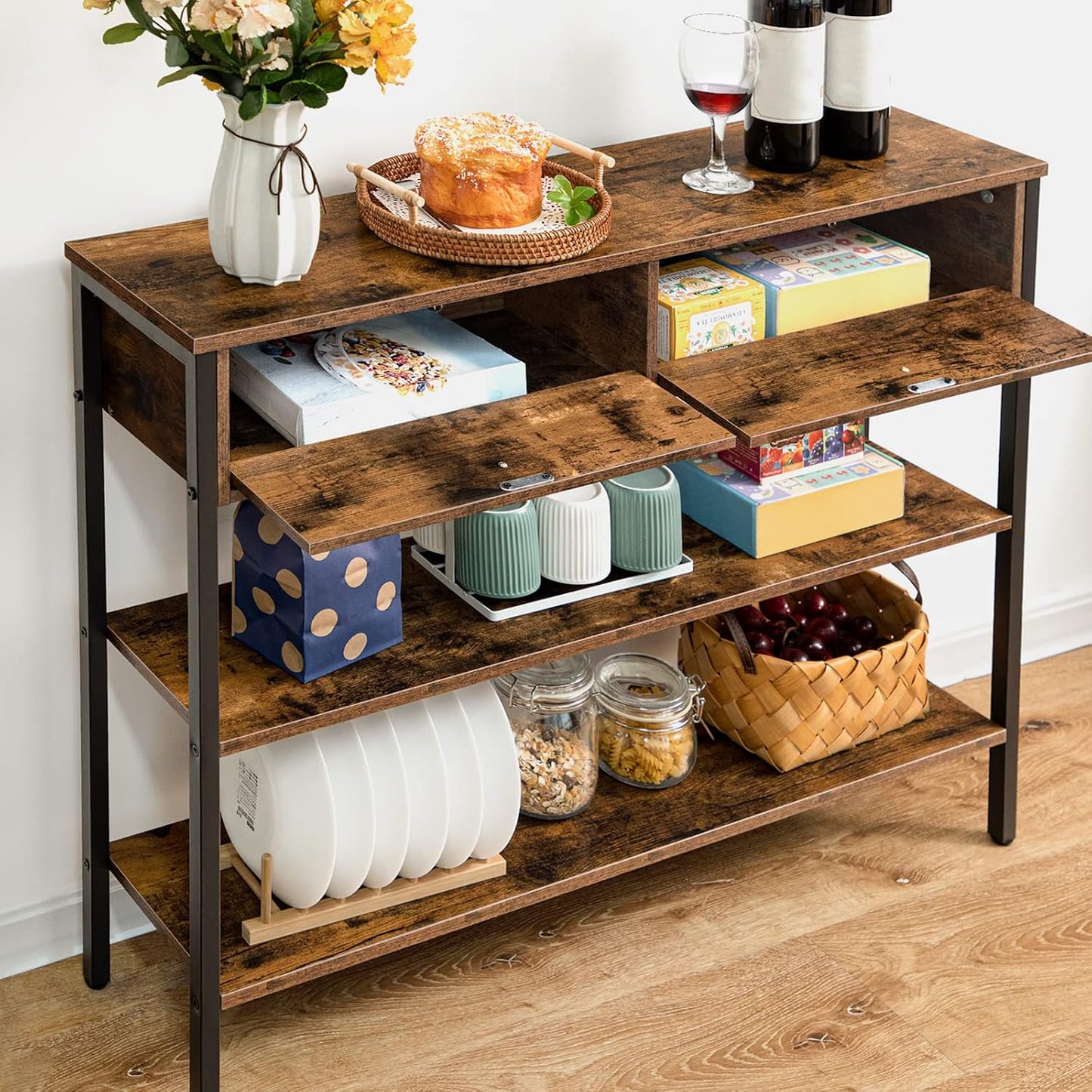 Signature Home Console Tafel met Lade en 2 Opbergplanken – Smalle Haltafel/Sidetable met Stevig Metalen Frame – 100 x 24 x 80 cm – voor Entree, Gang en Woonkamer – Vintage Bruin/Zwart