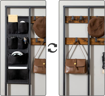 Signature Home Kapstok met Schoenenrek en Zitbank – Garderoberek met 9 Haken en 6 Opbergvakken – Schoenenbank met Opbergruimte – Staande Kapstok met Bankje – Industrieel Halmeubel voor Hal, Gang, Woonkamer en Slaapkamer – Vintage Bruin/Zwart