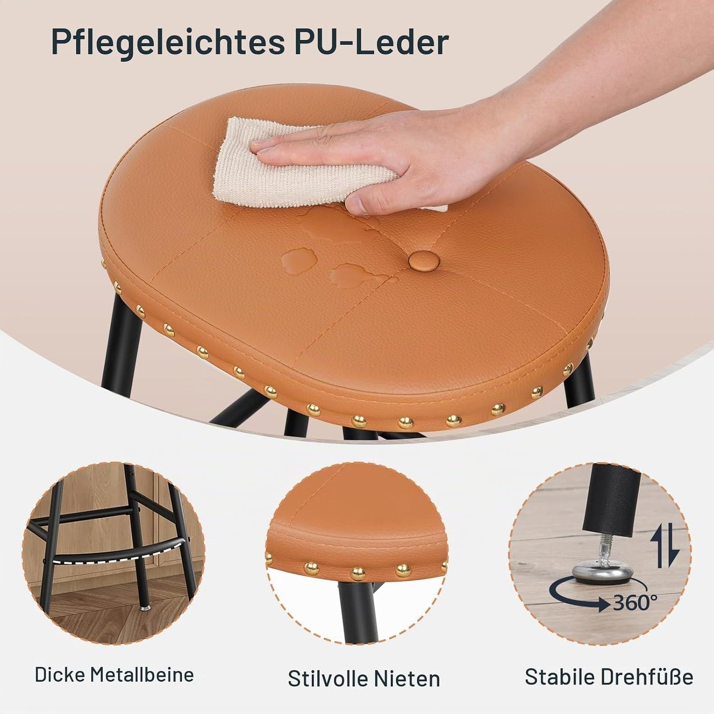 Signature Home Set van 2 Barkrukken met PU Leren Zitting – Industriële Barstoelen met Voetensteun – Keukenkrukken voor Keukeneiland, Bar, Eetkamer & Restaurant – Stevig Metalen Frame – Bruin/Zwart