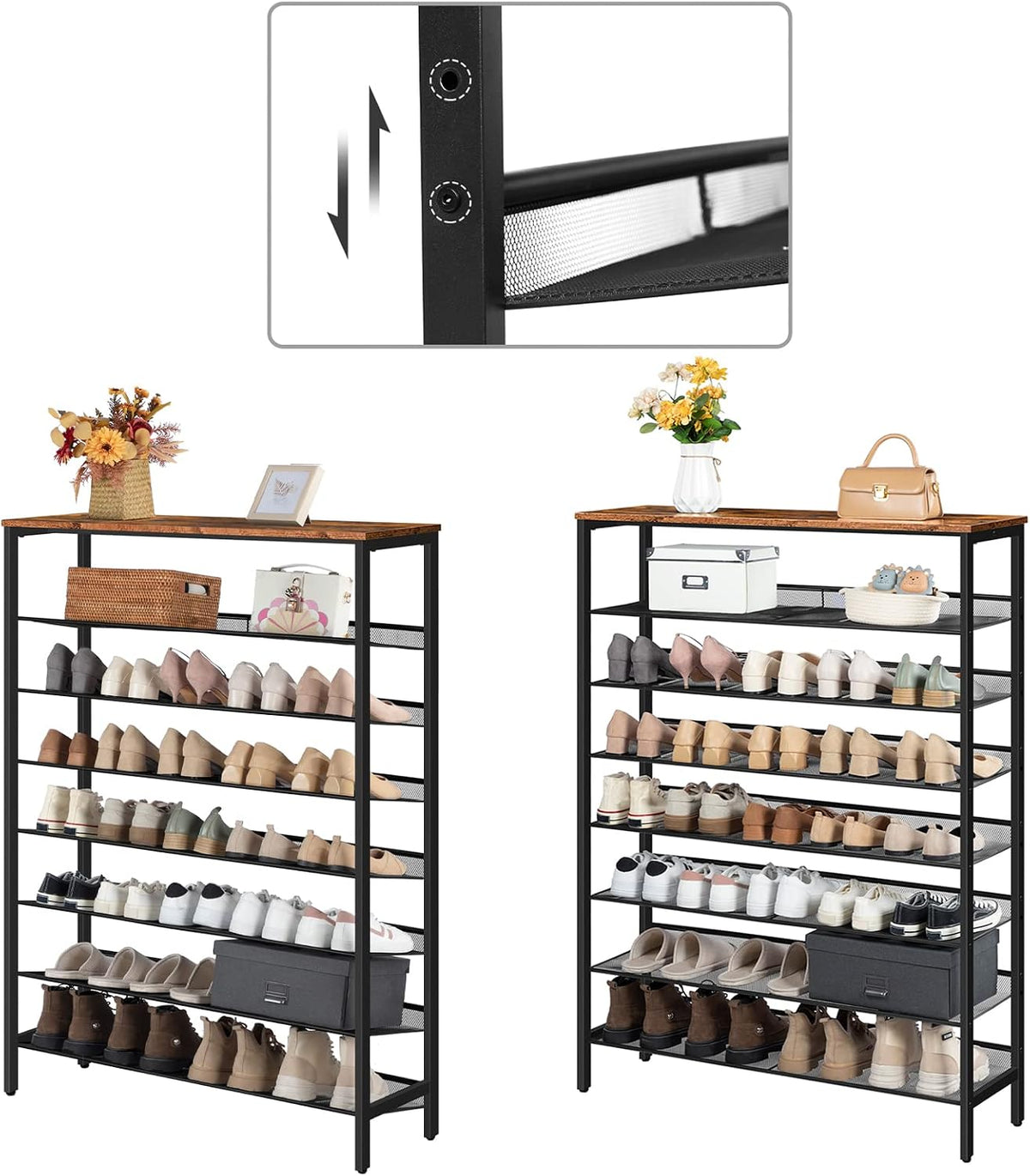 Signature Home Schoenenrek 8 Laags – Hoge Smalle Schoenenkast voor 32-40 Paar Schoenen – Verstelbare Rechte & Schuine Metalen Planken – 100 x 30 x 137 cm – Schoenenopberger voor Hal en Entree – Donkerbruin/Zwart