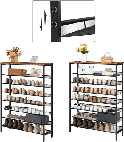 Signature Home Schoenenrek 8 Laags – Hoge Smalle Schoenenkast voor 32-40 Paar Schoenen – Verstelbare Rechte & Schuine Metalen Planken – 100 x 30 x 137 cm – Schoenenopberger voor Hal en Entree – Donkerbruin/Zwart
