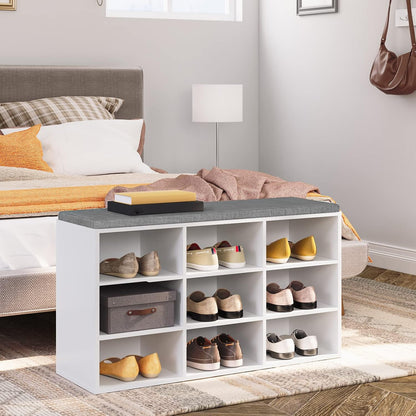 Signature Home Garderobeset met Schoenenrek en Zitbank – Schoenenbank met 9 Vakken, Zacht Gewatteerd Zitkussen, Wandkapstok met 9 Haken, Schoenenkast voor Hal, Entree en Slaapkamer, Wit