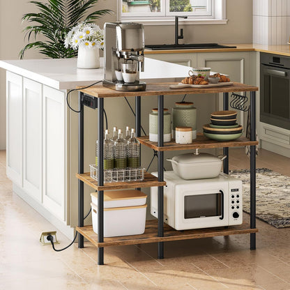 Signature Home Keukenrek met Stopcontacten – Magnetronrek met 5 S-Haken – Staand Keuken Opbergrek met Planken – Bakkersrek en Magnetronstandaard – Industrieel Keukenmeubel voor Keuken en Woonkamer – 38 x 90 x 86 cm – Vintage Bruin/Zwart