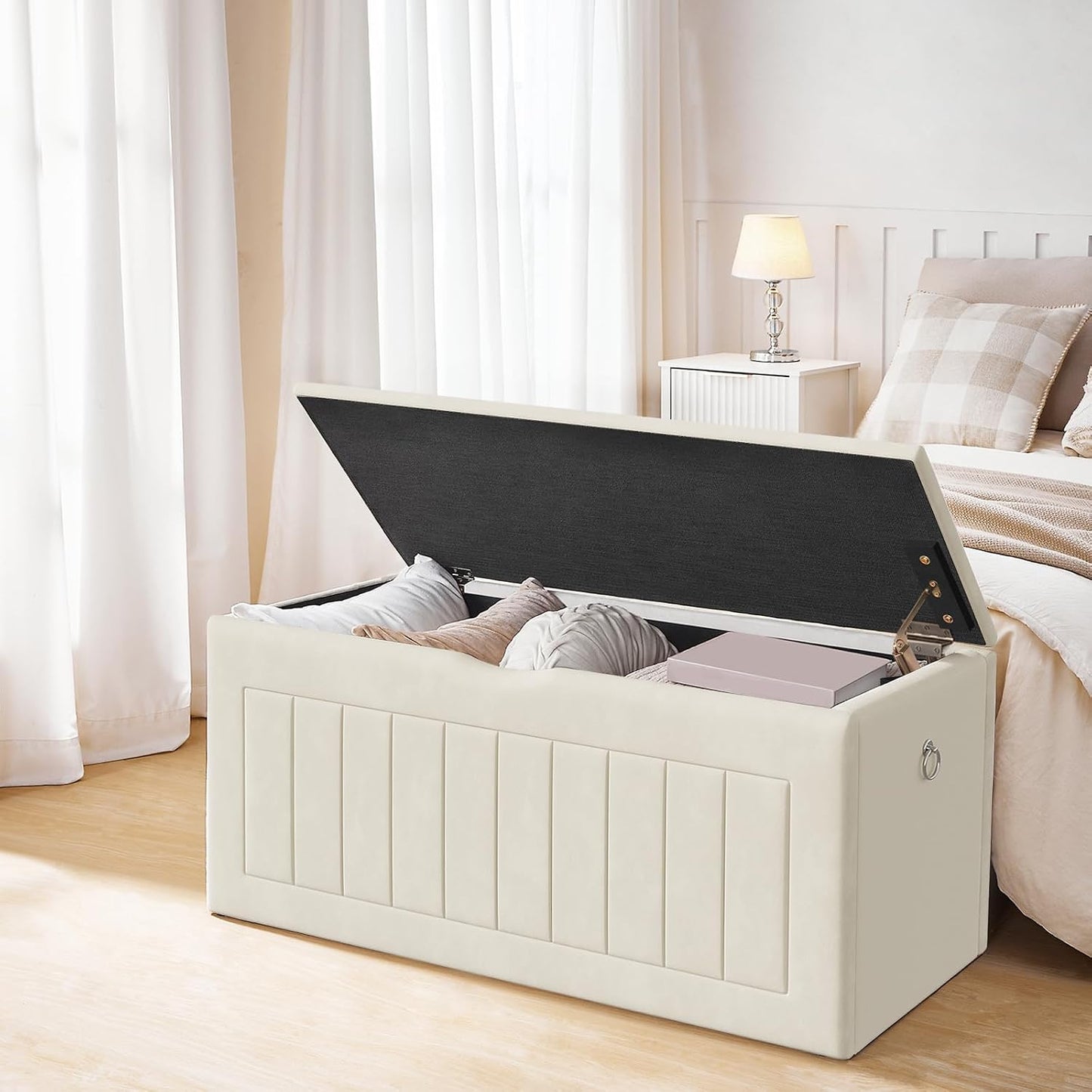 Signature Home 100 cm Speelgoedkist met Fluwelen Bekleding – Opbergbank met Scharnier en Handgrepen, Schoenenbank met Opbergruimte voor Kinderkamer en Woonkamer – Beige