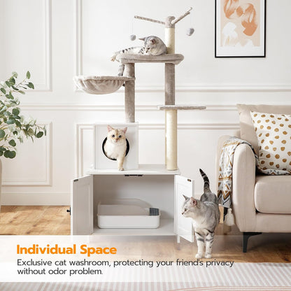 Signature Home Kattenkrabpaal met Kattenbakmeubel 60 x 48 x 151 cm – All-in-One Kattenmeubel met Klimboom, Kattenhuis en Afneembare Pluche Bal – Wit