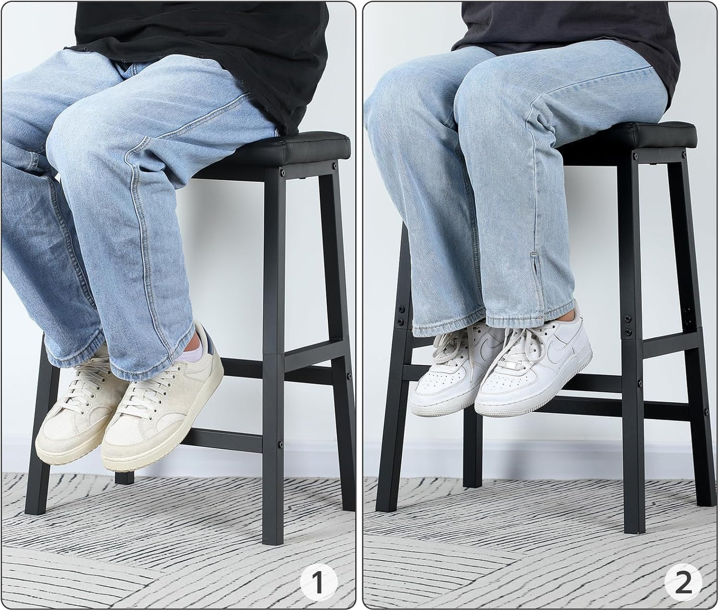 Signature Home Set van 2 Barkrukken – Zwarte Barstoelen met PU-Leren Zitting, Comfortabel Gevoerd & Eenvoudig te Monteren voor Keuken, Bar en Eetkamer
