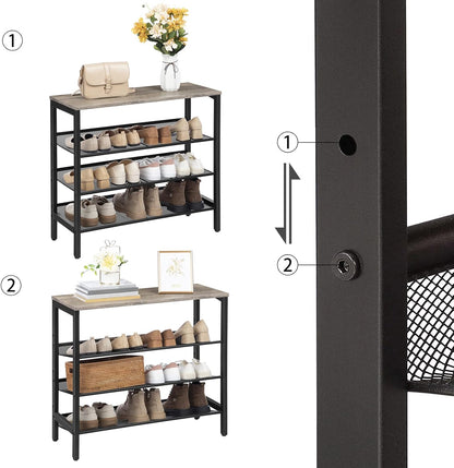 Signature Home 4-Laags Schoenenrek met Verstelbare Rechte of Schuine Planken – Schoenenbank met 3 Metalen Roosterplanken – Stevig Schoenenrek voor Hal, Entree en Slaapkamer – Greige/Zwart