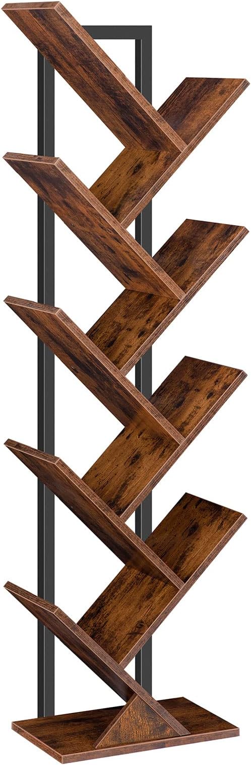 Signature Home Boomvorm Boekenkast 9 Niveaus – Hoge Vrijstaande Boekenkast voor Woonkamer, CD- en Albumrek, Rustiek Bruin/Zwart