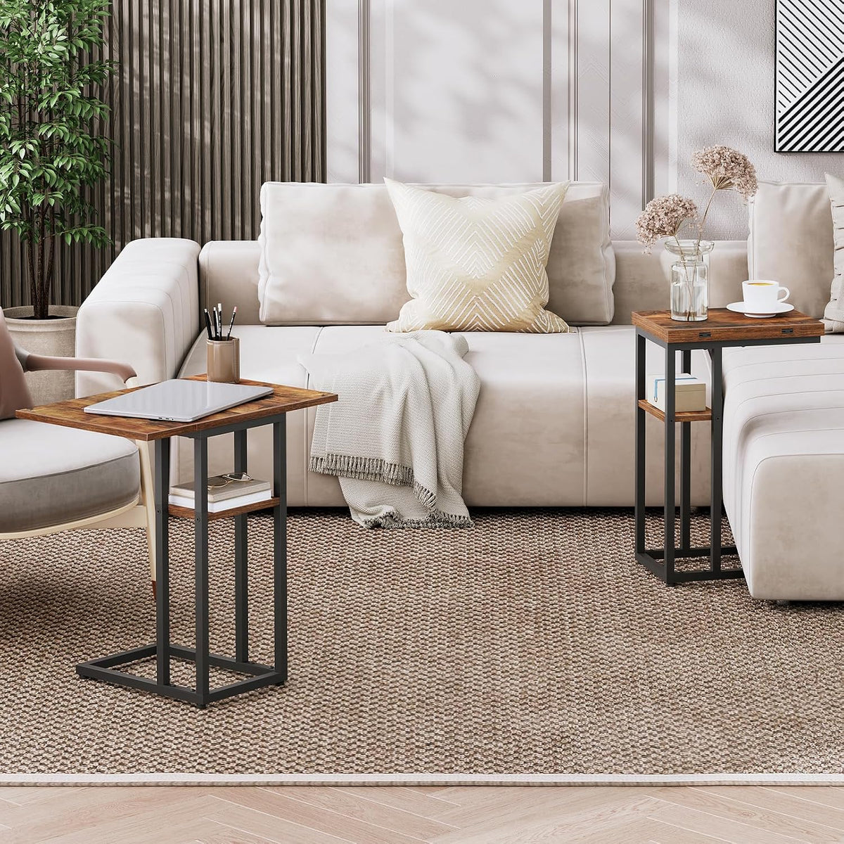 Signature Home C-Vormige Bijzettafel – Opvouwbare Sofa Tafel met Opbergplank – Smalle Salontafel & Snacktafel – Bedtafel voor Woonkamer en Slaapkamer – Ruimtebesparend Design
