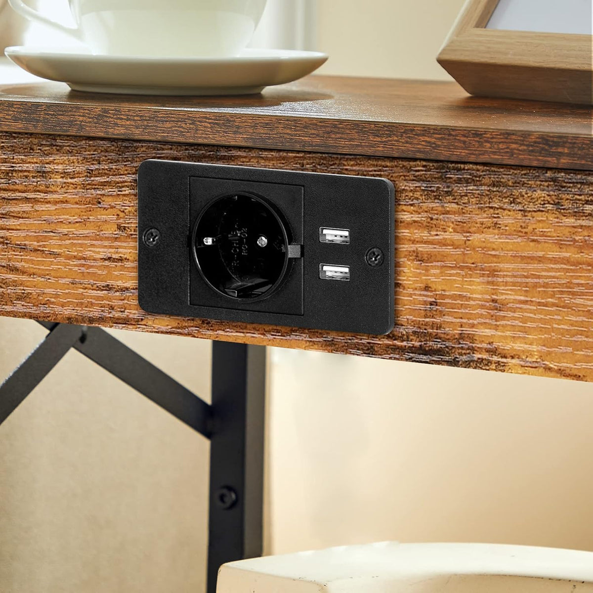 Signature Home Nachtkastje met Oplaadstation – Bijzettafel met Opklapbare Lade – USB-Poorten & Stopcontact – Bedkastje voor Slaapkamer – Industrieel Design – Vintage Bruin/Zwart