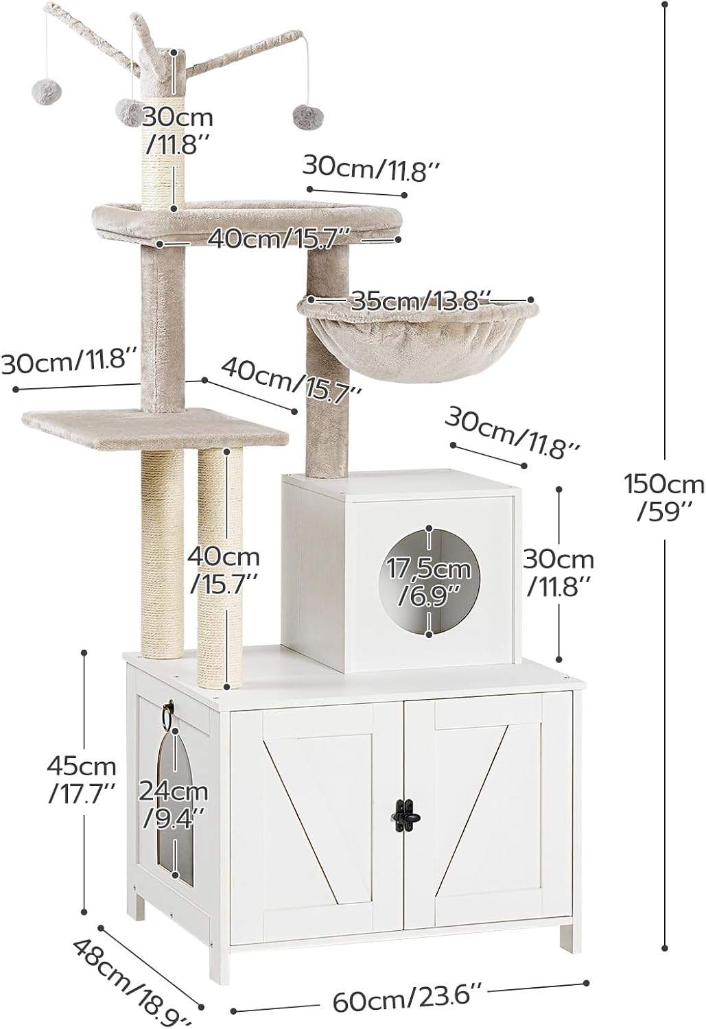 Signature Home Kattenkrabpaal met Kattenbakmeubel 60 x 48 x 151 cm – All-in-One Kattenmeubel met Klimboom, Kattenhuis en Afneembare Pluche Bal – Wit